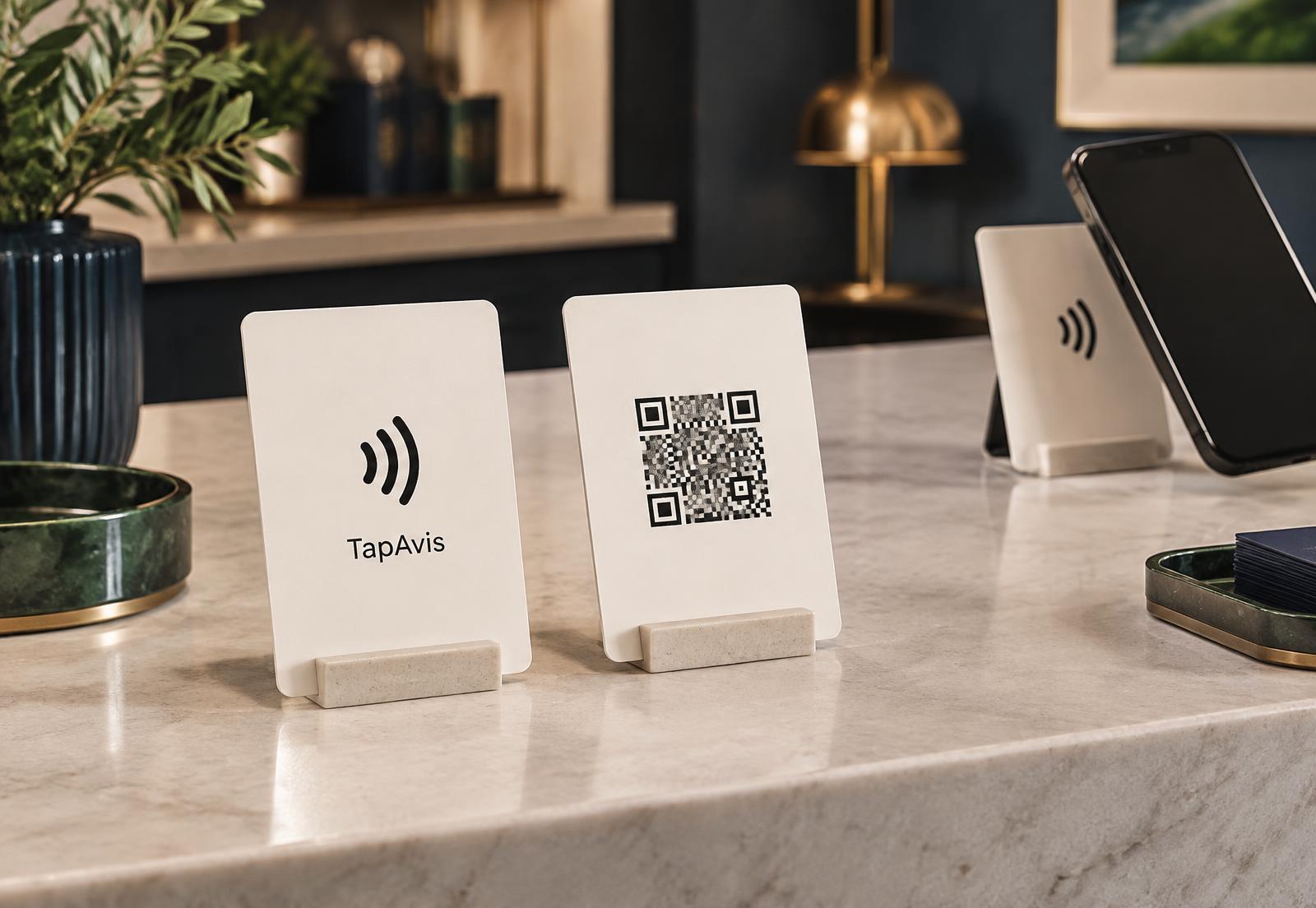 Recto NFC, verso QR Code et utilisation de la carte Tap Review avec un téléphone